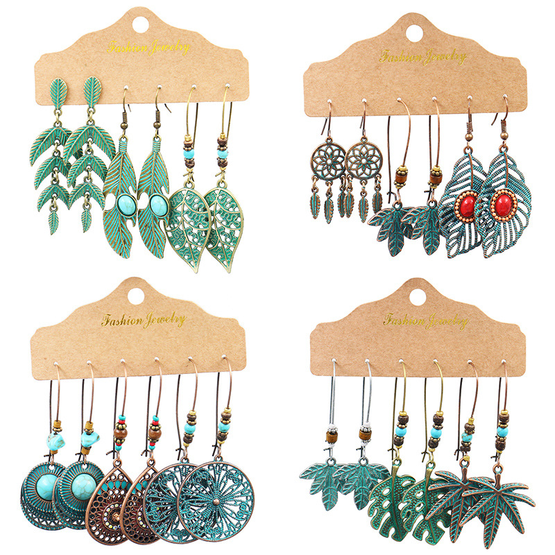 

Women Ethnic Bohemian personality leaf round geometric Earrings Dangle Pendant Earrings Fashion Vintage Creative Earrings Jewelry