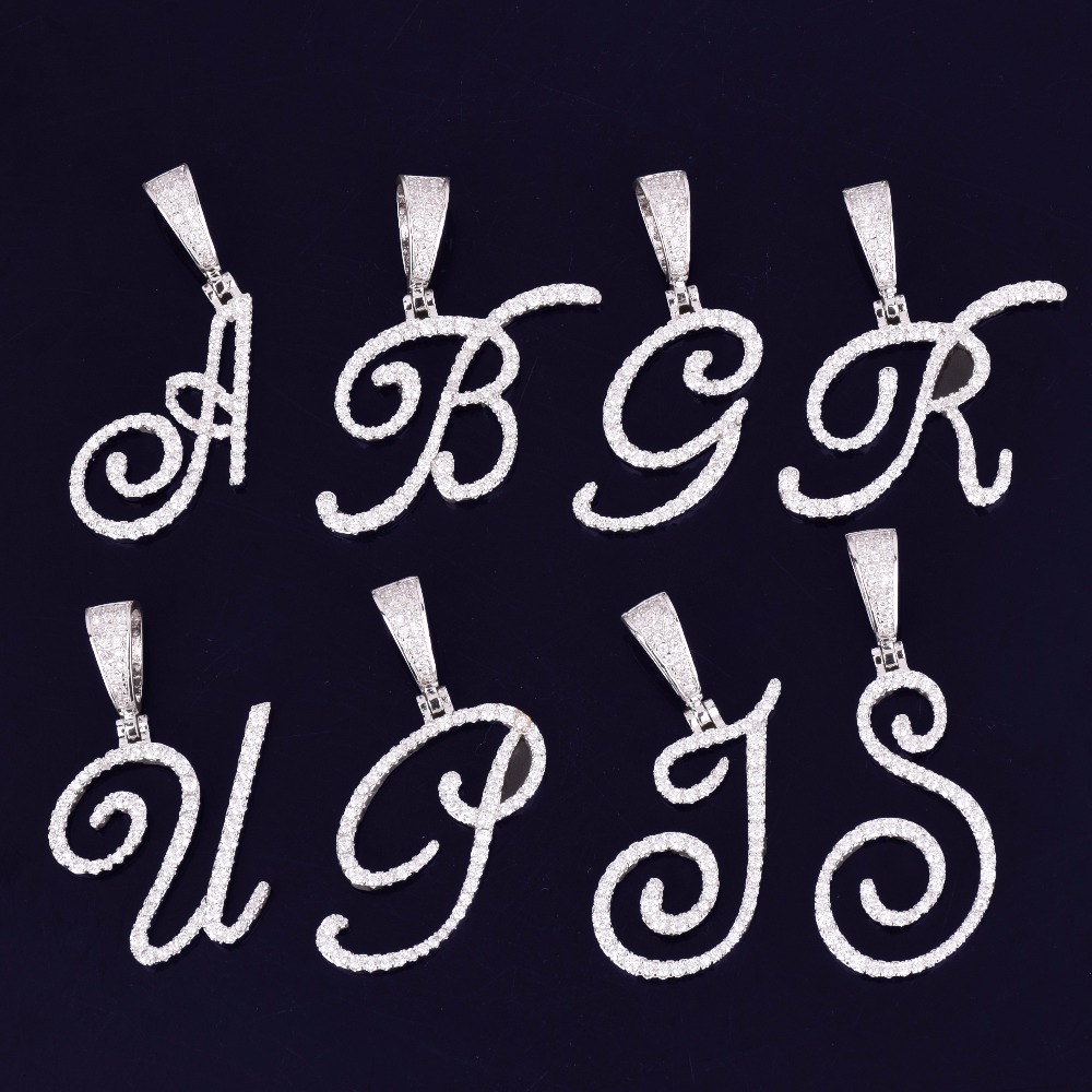 

New Iced Out A-Z Single Cursive Letter Pendant Necklace With Free 24inch Rope Chain Hip Hop Jewelry, Silver