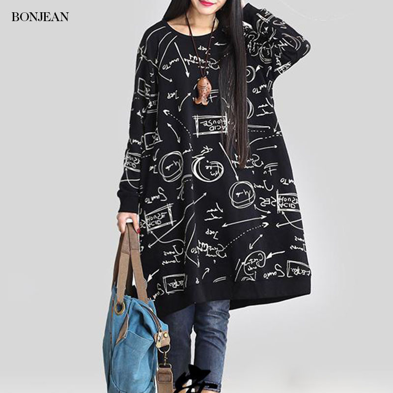 

Plus Size Spring Womens Dress Ethnic Letter Printed Vintage Casual Cotton Linen Long Sleeve Dresses Vestidos Big Size Dress 2020, Black