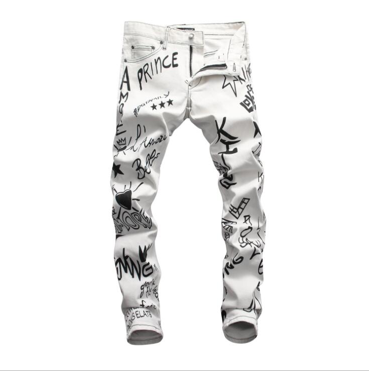 

Fashion trendy personality graffiti jeans European and American hip-hop men straight leg jeans trousers men clothing, White