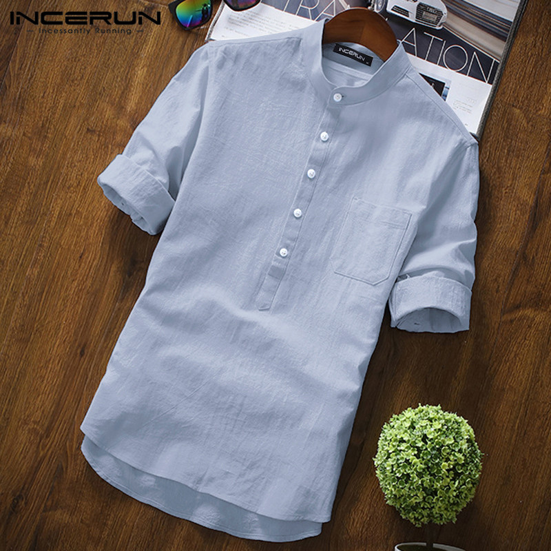 

INCERUN Cotton Linen Casual Shirt Men Long Sleeve Solid High Quality Chic Stand Collar Men Business Shirts Camisa Harajuku 2019, Yellow shirt