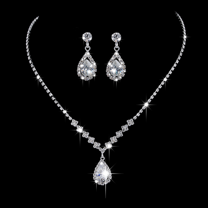 

New Arrivals Bride Noiva Wedding Party Delicate Shining Water Drop Crystal Link Chain Necklace Pendant Earring Jewelry Sets, As pic