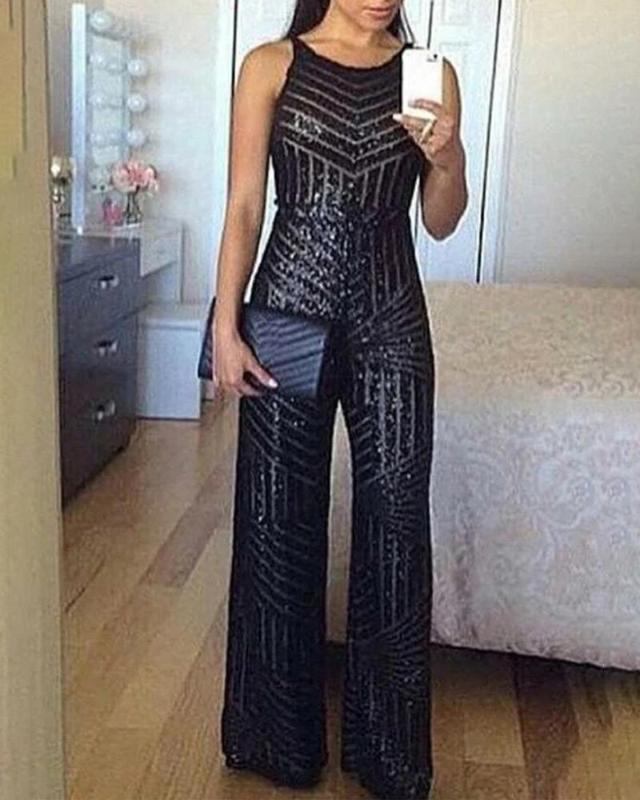 

Glitter Round Neck Sleeveless Sequins Jumpsuit One Pieve Overalls Rompers Womens Jumpsuit, As pic