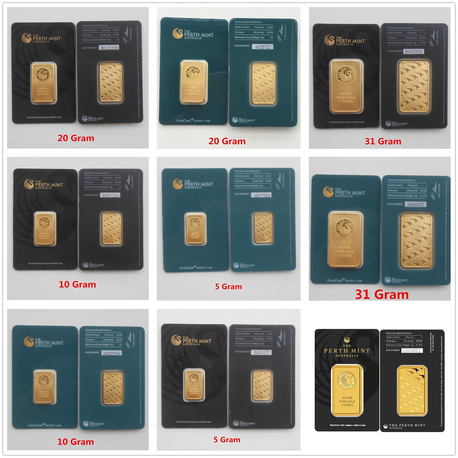 

Australia The Perth Mint Green & Black 1 Ounce/20g/10g/5g Gold Bar Bullion GoldCoins Collection