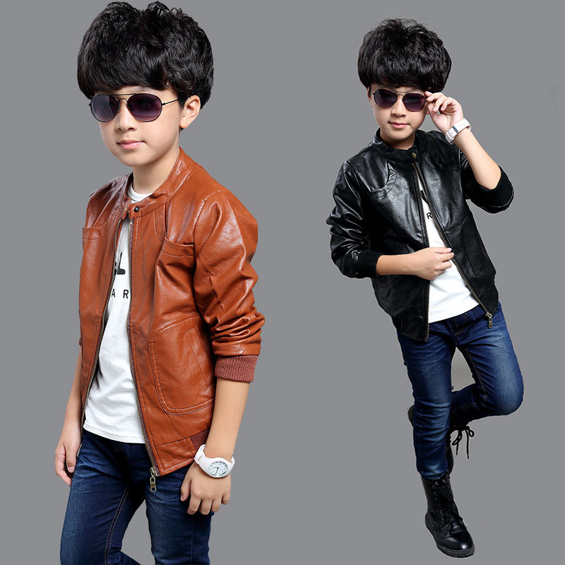 

2019 Baby Boys Clothes Jacket Leather Jacket for Boys Solid Jacket Boy Spring Kids Teenage Boy Clothing 4-14 Years Autumn, Brown
