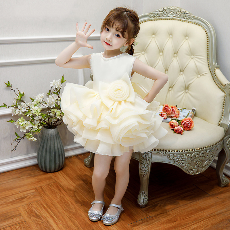 

Tick Tok Children's Princess Dress Little Flower Children's Dress Wedding Companion Wedding Girl Baby Piano, Beige
