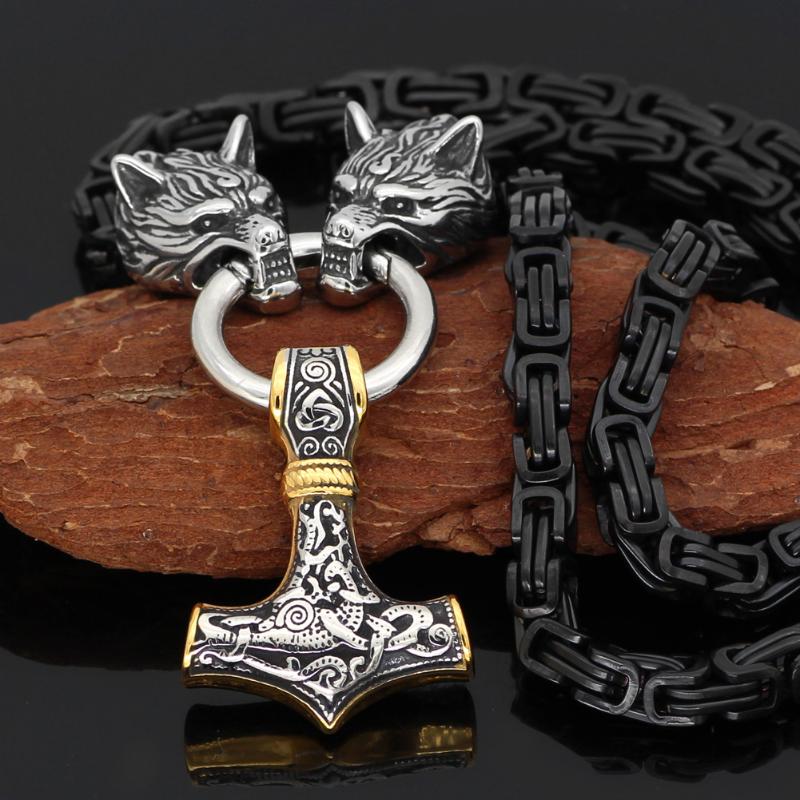 Viking Tête Loup le marteau de Thor Bear Paw pendentif avec le roi en Acier Inoxydable Chaîne