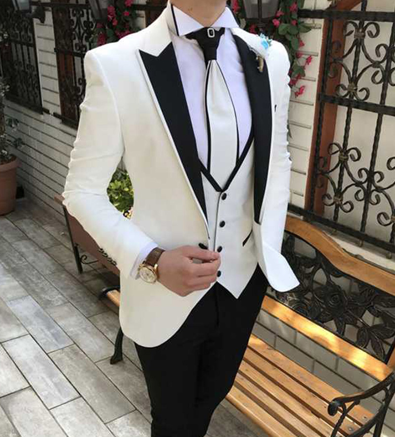 

Three Pieces White Groom Tuxedos for Wedding Wear Men Suits One Button Formal Business Suits Classic Fit Men Suit Jacket Black Pants Vest, Same as image