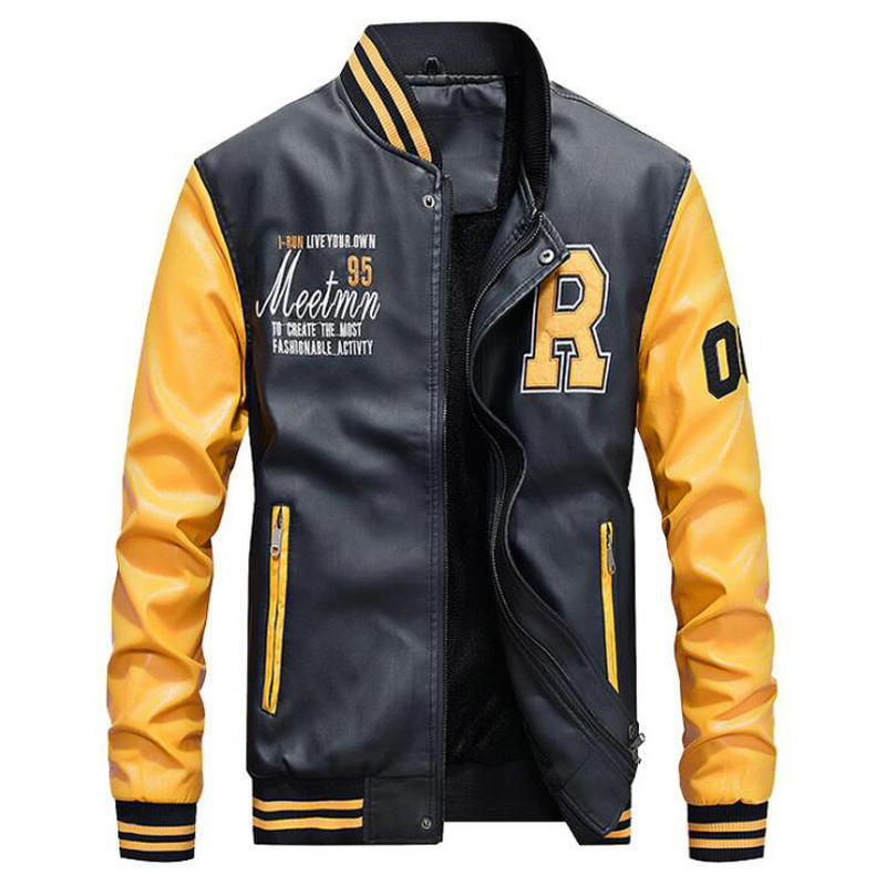

Winter Jacket Men Embroidery Baseball Jackets Pu Leather Coats Slim Fit College Fleece Pilot Leather Jackets Casaco Masculino, Red