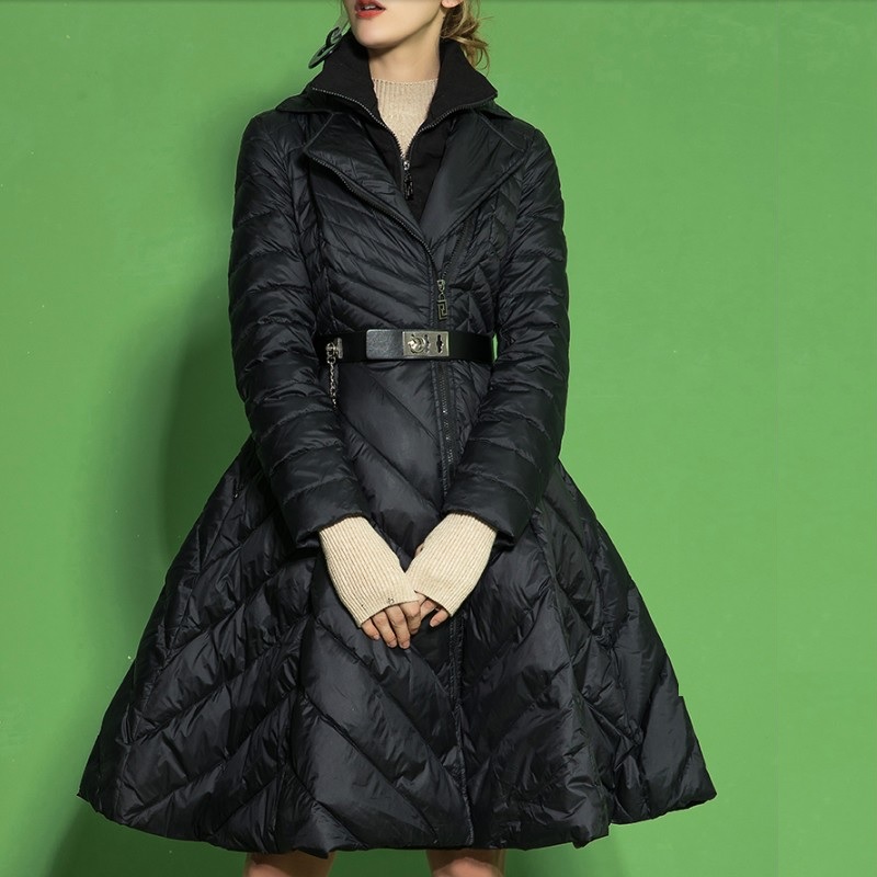 

2019 Winter Women' Down Jacket Skirt Coat French Fashion Fake Two Piece Ladies Duck Outerwear Big Size, As pic