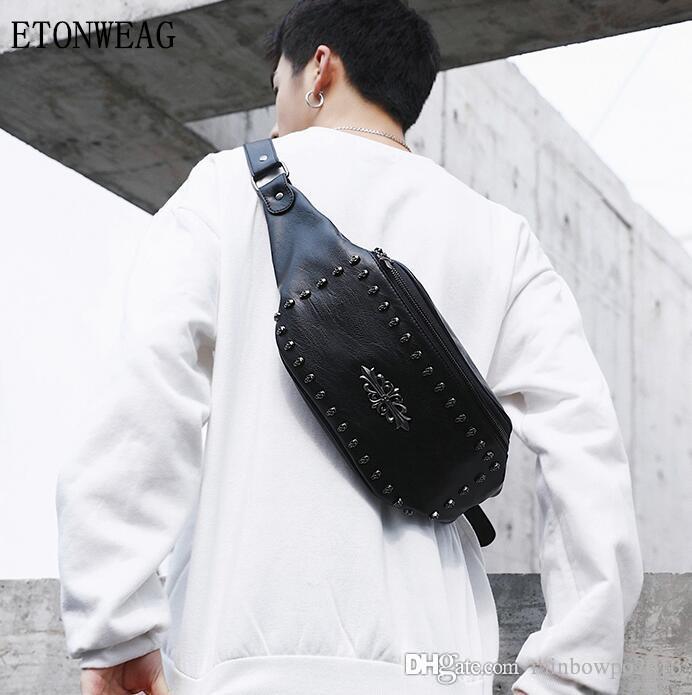 

Factory wholesale men handbag rivet mens and women chest bag outdoor leather casual messenger bags personality rivets punk backpack riding, Black