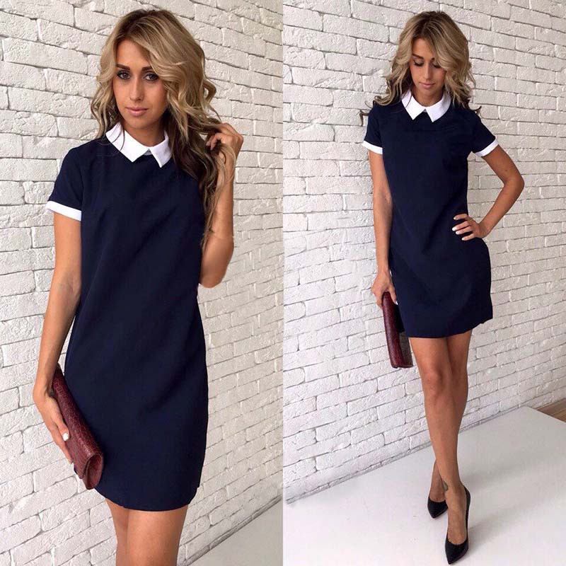 

Party Dresses Women's Navy Blue Pink Office White Collar Dress 2021 Fashion Summer Short Sleeve Casual Slim Straight Shirt