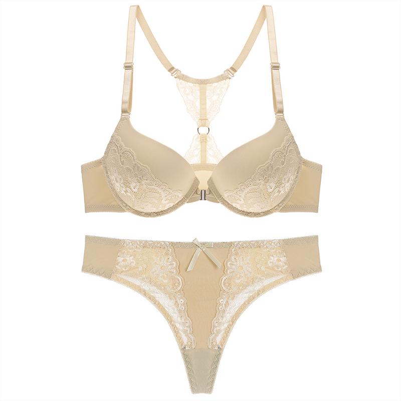 

Lightly Lined Women Underwear Solid Bra Thong Sets Sexy Plus Size Lingerie Suit Lace Bra And Panties Female BC Cup, Beige