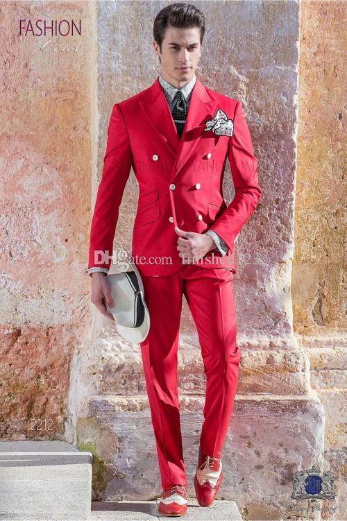 

Popular Design Double Breasted Red Wedding Groom Tuxedos Peak Lapel Groomsmen Mens Dinner Blazer Suits (Jacket+Pants+Tie) NO:1709, Same as image