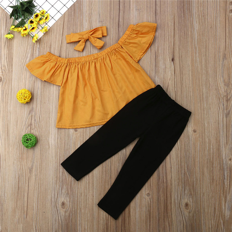 

Toddler Baby Girls clothes Off Shoulder pullover short sleeve Tops solid Pants Bow Headband 3pc kids cotton lovely Outfits, #1