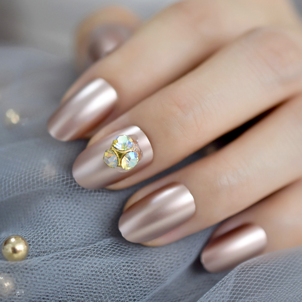 

Champagne Matte Metallic False Stilettos Nail Frosted Feel Metal Oval Press on Full Cover Fake Nails Art Tips 3D Gems Options, Ivory