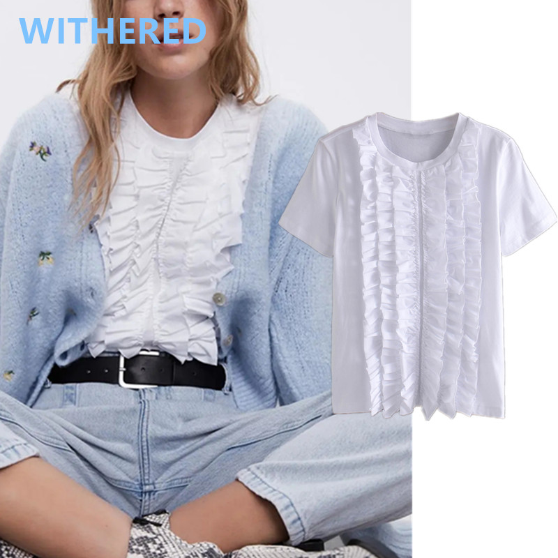 

Withered england style vintage cascading ruffles o-neck cotton summer t shirt women harajuku tshirt camisetas verano mujer 2020, White