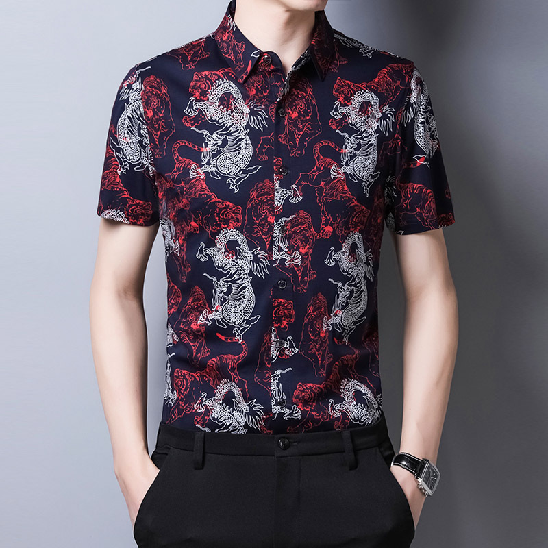 

C-3135 Chinese style dragon pattern fashion short sleeve shirt Summer New quality cotton soft comfortable luxury men shirt -3XL, As picture