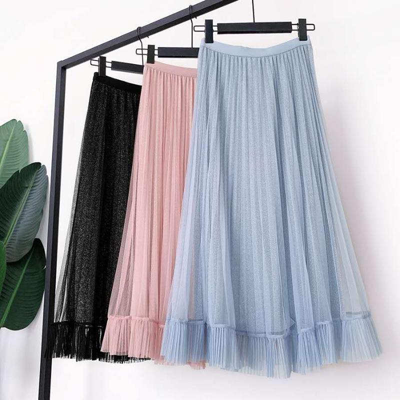 

2020 spring new A-line skirt fairy temperament fishtail skirt leaf casual in the long yarn, Black