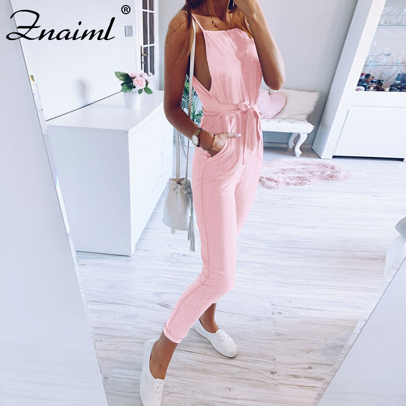 

Summer Casual Women Jumpsuit For Sling Backless With Sashes Long Pants Jumpsuits Female Fashion Solid Pocket Streetwear Jumpsuit, Gray