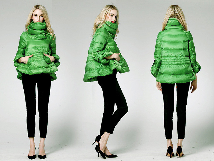 

Women new winter fashion trend short White duck down jacket A-word plus size cape type lightweight warm high collar cotton-padded jacket, Green