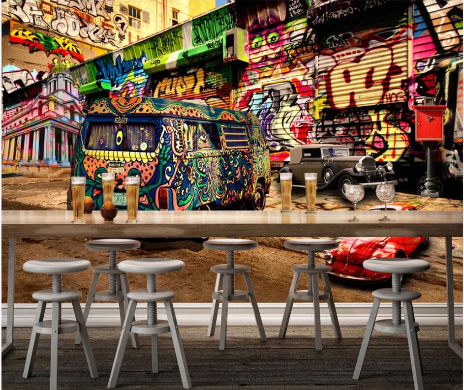 

WDBH 3d wallpaper custom photo Hip hop style graffiti bus tv background living room home decor 3d wall murals wallpaper for walls 3 d, Non-woven