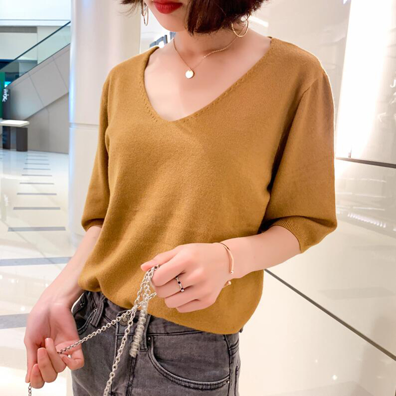 

Women Sweaters and Pullovers 2020 Spring summer Short sleeve V-neck Knitted Sweater Loose Plue size Casual Women Tops, White