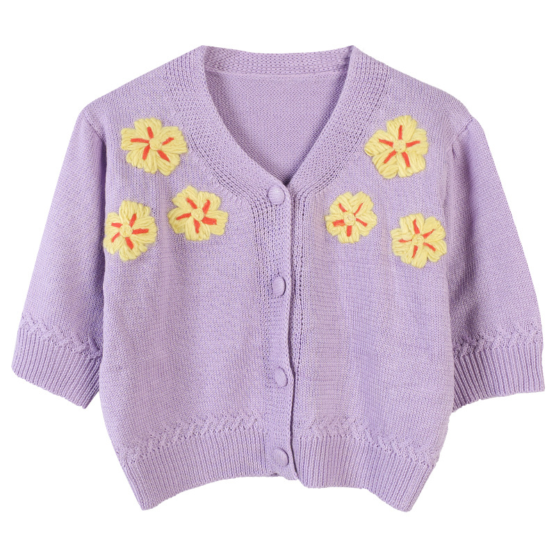 

GRUIICEEN elegant woman summer appliques sweater coat single breasted V-neck short knitwear sweater cardigans, Lavender