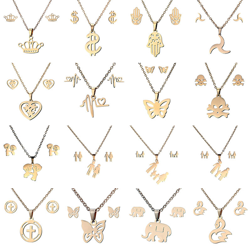 

New Stainless Steel Clavicle Necklace Earrings Set Jewelry Family Crown Chain Necklace 13 Style Wholesale Jewelry Set, Silver