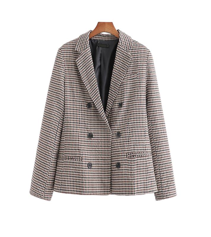 

New vintage women plaid blazer 2020 fashion ladies elegant double-breasted suits coats female slim jacket girls chic clothes, Brown