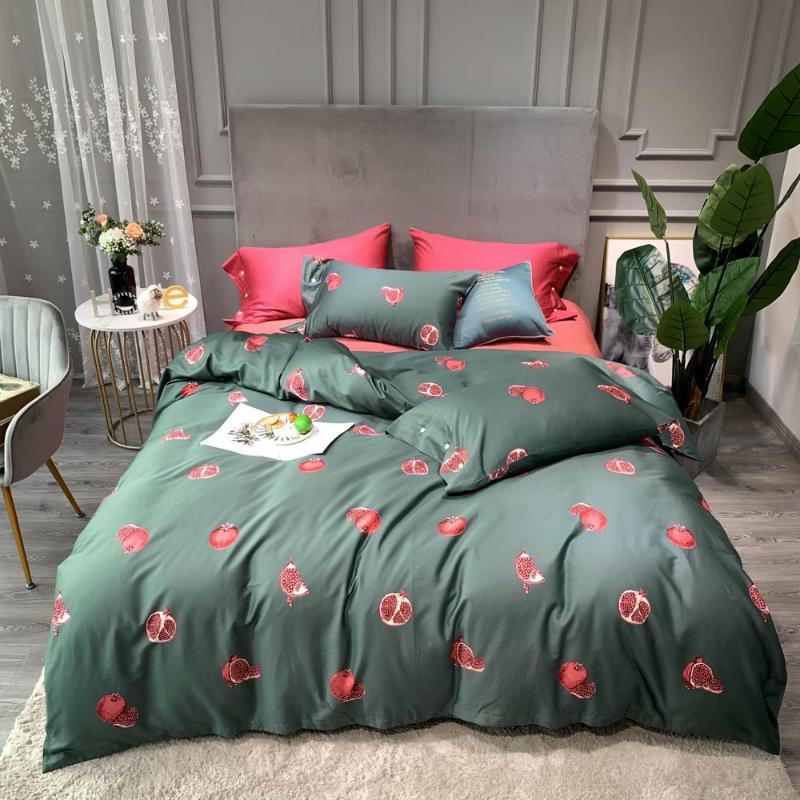 

Pink Pomegranate Green American High Count Egyptian Cotton Bedding Set Queen King Size Bedlinens Flat sheet Duvet Cover Set, 20195673