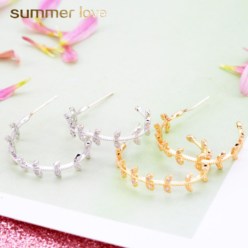

2019 High Quality C Shape Copper Inlaid Zircon Leaf Hoop Earrings For Women Korean Tree Branches 925 Sterling Silver Needle Earrings