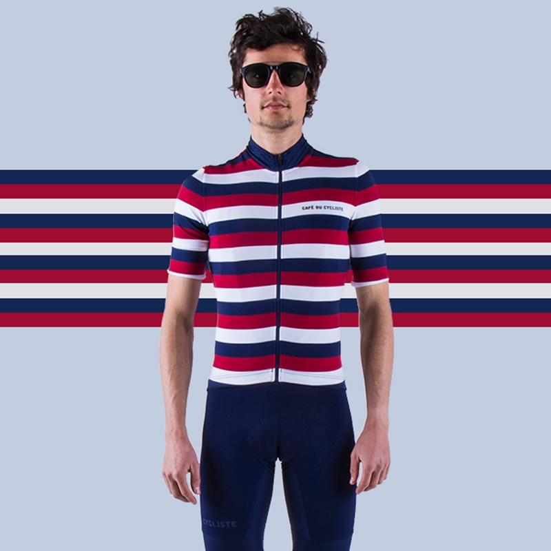 

New Riding Equipment Technology Cycling Jersey Men 2020 Blue Red And White Tri-color Stripes Cycle Wear With Breathable Collar