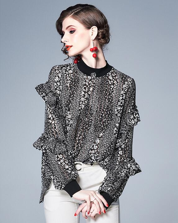 

Ruffled sleeve floral printed women blouses Sun protection shirts stand collar fashion ladies shirts, Black