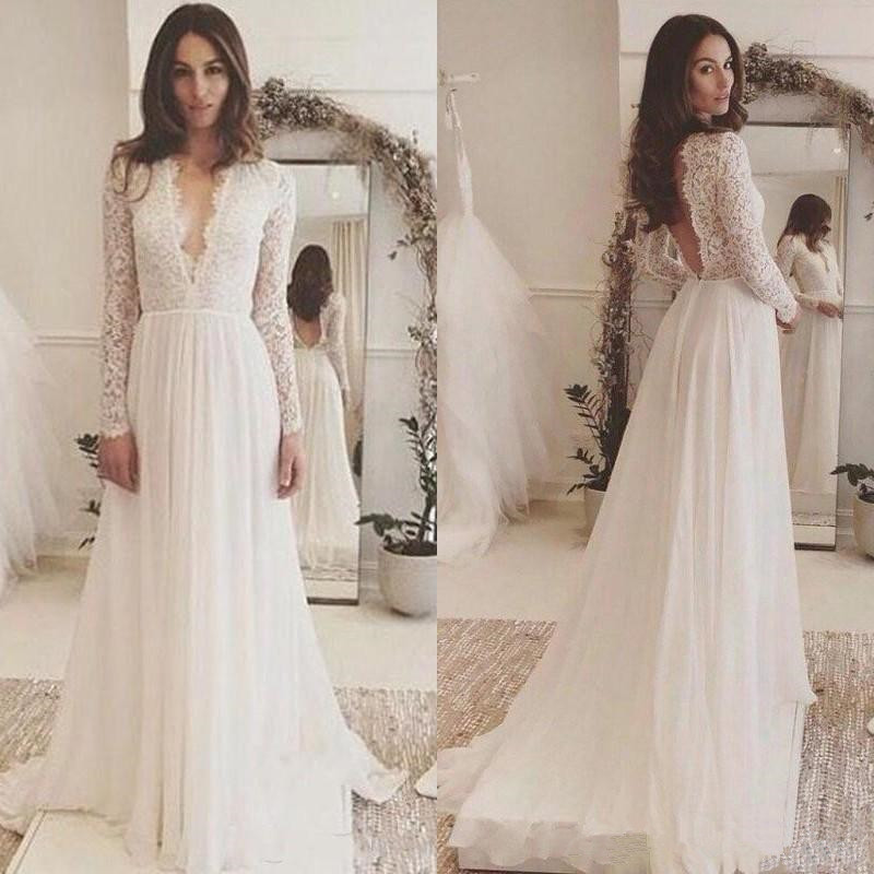 

2019 Lace and Chiffon Beach Wedding Dress Long Sleeve Rustic Bridal Wedding Gowns Backless Sexy Cheapest Dress, White