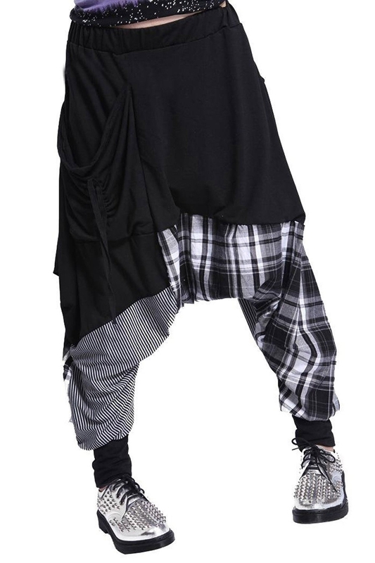 

Hip-hop Splice Lattice Women's Sweat Pants Double Bag Harem Baggy Cotton blend-black