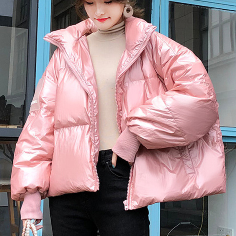 

Fashion Tide Autumn And Winter New Casual Fashion Temperament Women Loose Plus Solid Color Bright No Hat Short Down Jacket TC712, Black