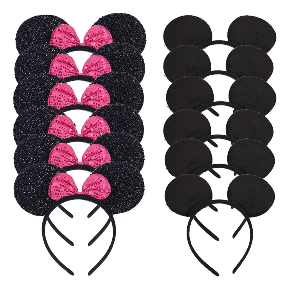 

12pcs/Lot Black Glitter Mouse Ears headband for party Baby Shower birthday Halloween Hair Accessorie (6Rose Sequin 6Solid Black