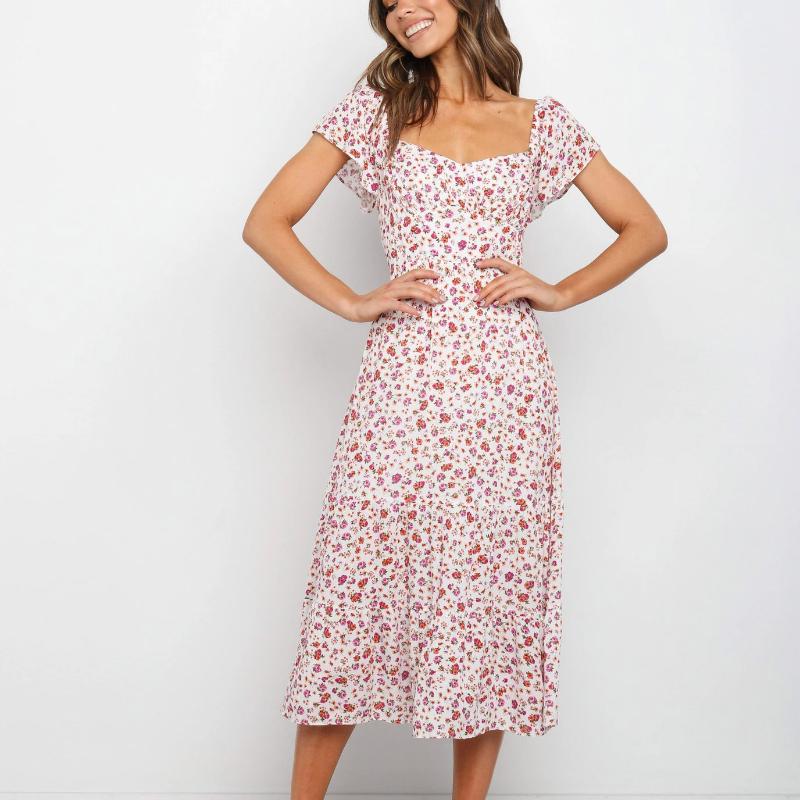 

European And American Fashion Women' Short-sleeved Dress 2020 Spring And Summer Fresh Flowers Printed Big Swing Skirt Explosion, Pink