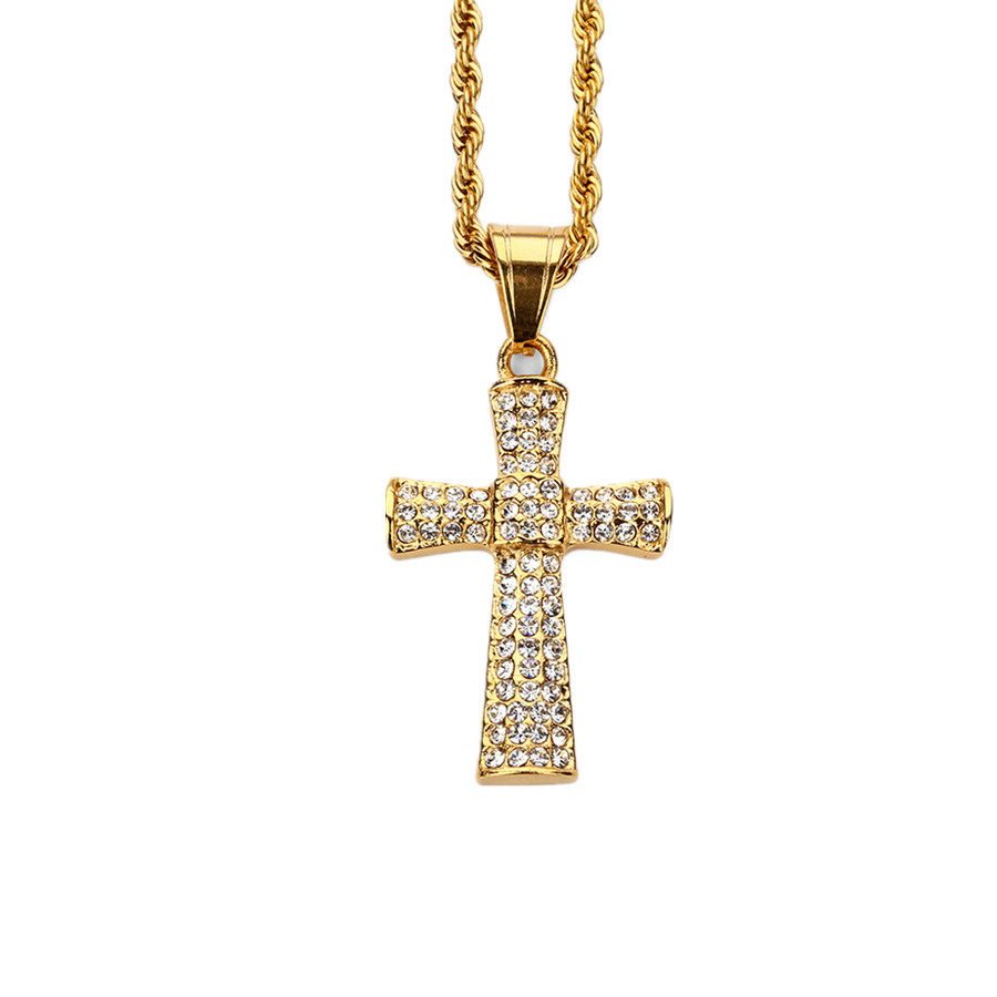 

High Quality Fashion Men Hip Hop Gold Cross Necklace Jewelry Rhinestone Stainless Steel Long 60CM Chains Punk Rock Micro Men Pendant For Men