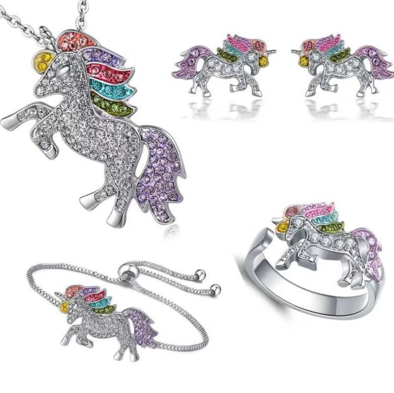 

4pcs/lot Unicorn Necklace Bracelet Earring Stud Ring Jewelry Sets 925 Silver Diamond Colorful Pony Pendants Accessories Wholesale, As pic