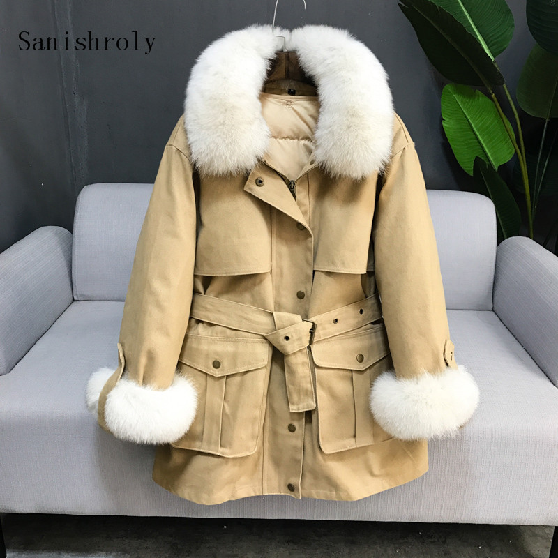 

Sanishroly Two-piece Winter Women Sashes Midi Long Coat Warm Thick White Duck Down Jacket Parka Female Fur Collar Outerwear S693, Army green