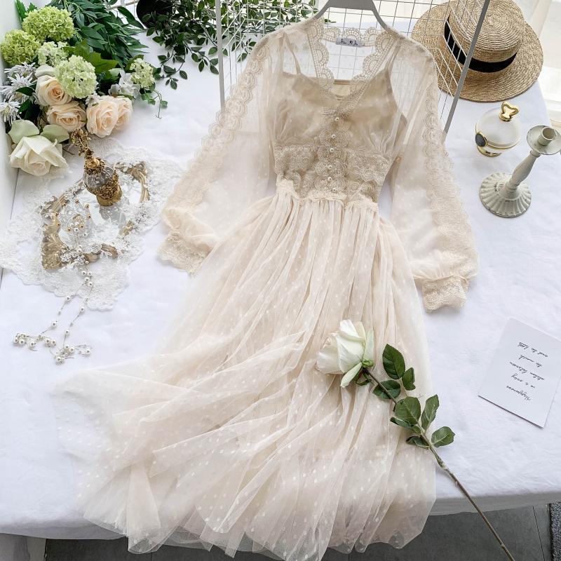 2020 Spring Summer Mesh Long Robe Femmes Slim Sexy Bouton Sexy Col V-Col V Robe Boho Dames Élégante Plage Porter Robes décontractées Vestidos