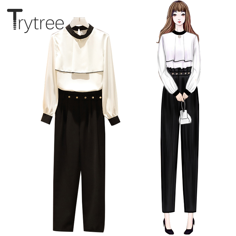 

Trytree 2020 Spring Autumn Women Two Piece Set Casual Stand Collar Solid Loose Tops + Pants Zipper Belt Fashion 2 Piece Set, White