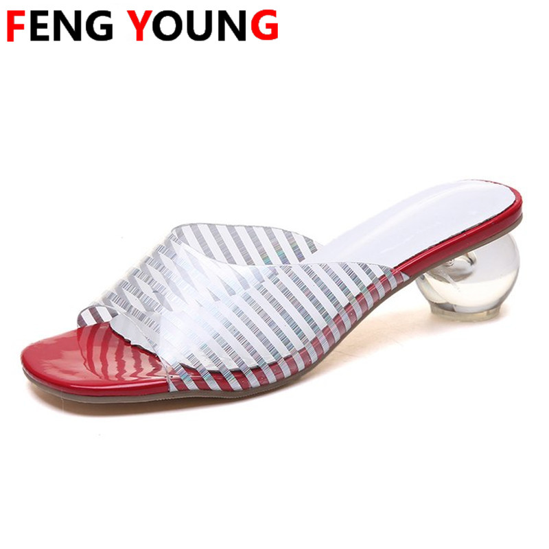 

Women Mules Shoes Summer New Designer Slippers Fashion Stripe Open toe Slides Ladies Round heel Mules Female Slippers, Red