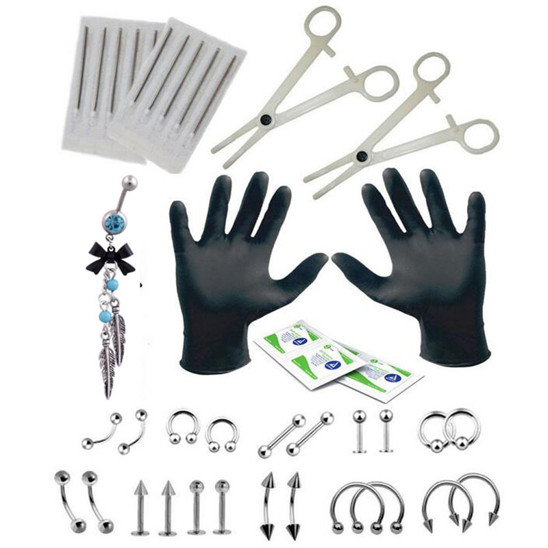 

Wholesale Complete Body Jewelry Piercing Kit Set Opal Stone Jewelry Needles For Ear Belly Tongue Body Tools Piercing Jewelry, Slivery;golden