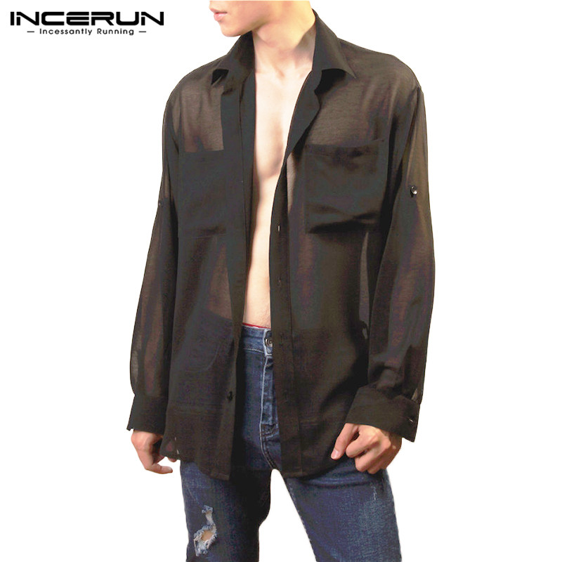 

INCERUN Fashion Men Mesh Shirt See Through Long Sleeve 2020 Pockets Nightclub Party Shirts Men Lapel Streetwear Sexy Thin Blouse, Black shirt