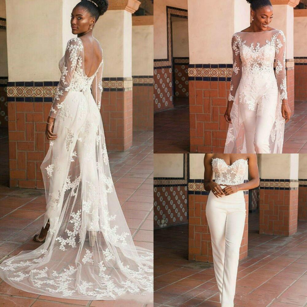 

2020 New Style Pant Suit Wedding Dresses with Long Sleeves Wraps Lace Applique Sweetheart Bride Party Wedding Gowns Three-Pieces, Ivory