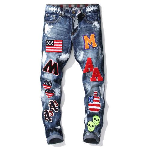 

Summer New Fashion Style Mens Designer Jeans Blue Skinny Pencil Jeans Straight Embroidered Flag Badge Paint Mens Slim Brand Jeans