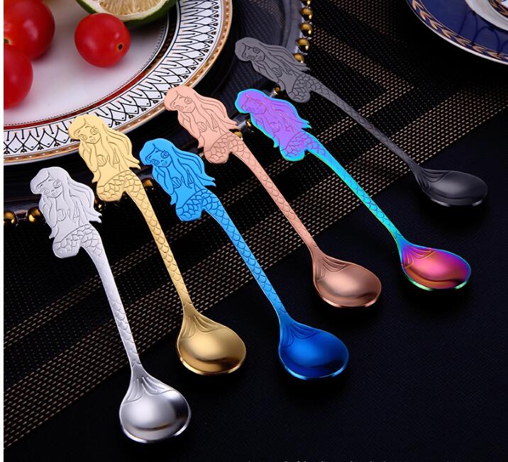 Mermaid Coffee Spoons 304 Stainless Steel Creative Hanging Cup Cat Gold Multicolor Spoon-image-478290040